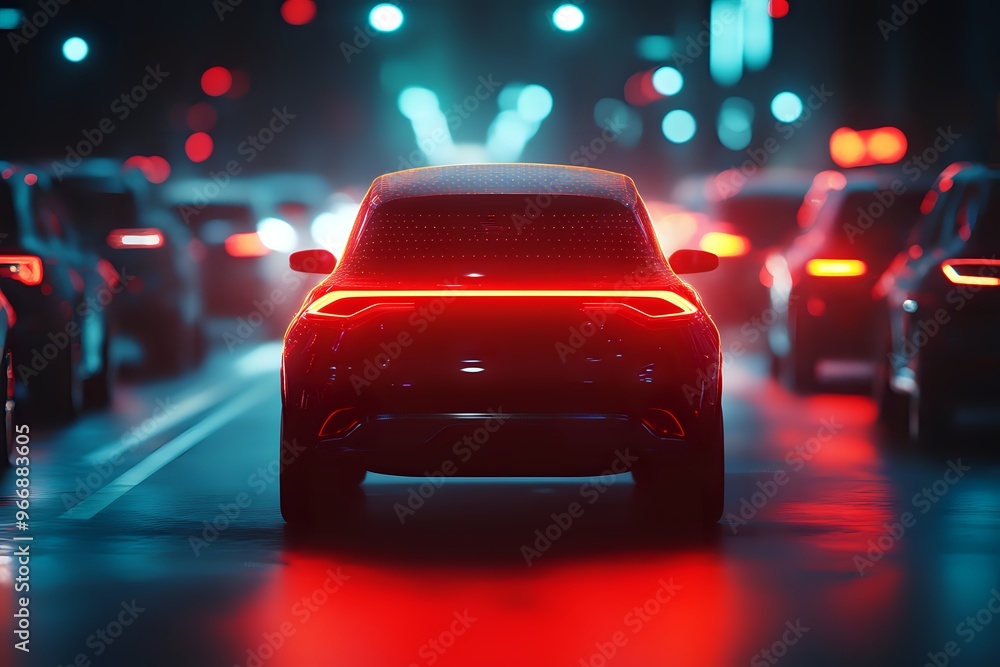 Red taillights on a car illuminate the night as it drives through the city. Red taillights on a car illuminate the night as it drives through the city.