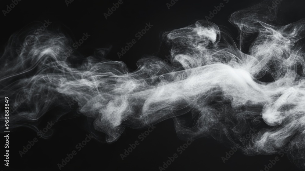 Delicate white smoke swirls gently, creating wispy patterns that blend into the deep black background, evoking a sense of tranquility and fluidity