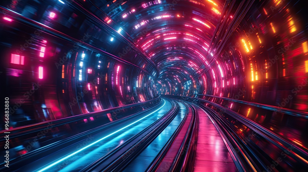19. A retro futuristic train speeding through a neon-lit tunnel, with glowing tracks and chrome finishes on the train s exterior. The tunnel is lined with colorful geometric patterns that reflect off 19. A retro futuristic train speeding through a neon-lit tunnel, with glowing tracks and chrome finishes on the train s exterior. The tunnel is lined with colorful geometric patterns that reflect off