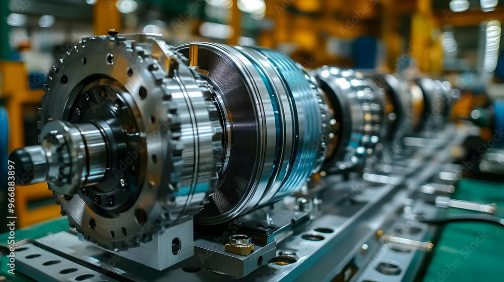 A close-up view of a complex mechanical assembly in an industrial setting. A close-up view of a complex mechanical assembly in an industrial setting.