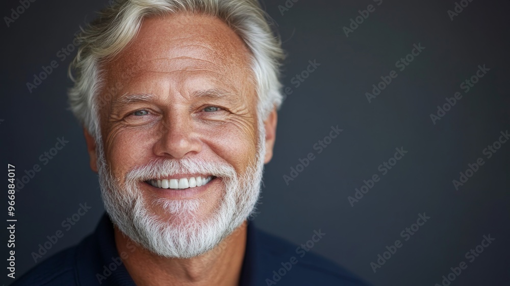A distinguished older man with salt-and-pepper hair beams a warm smile, displaying his healthy teeth against a simple background, highlighting his approachable character