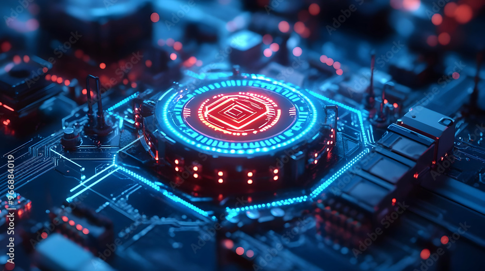 A close-up view of a futuristic circuit board with glowing elements and intricate details.