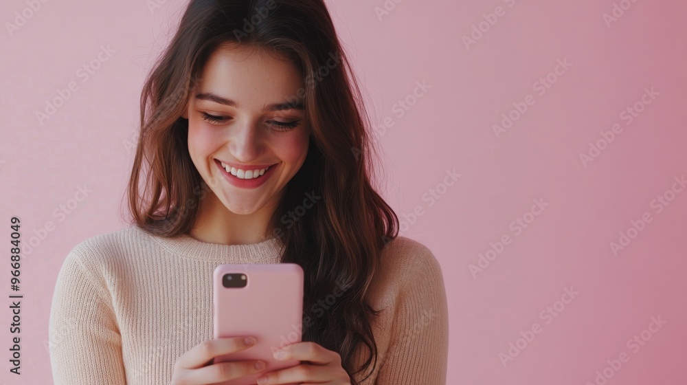 A cheerful woman stands casually against a soft pastel background, absorbed in her smartphone, smiling warmly as she interacts with the device A cheerful woman stands casually against a soft pastel background, absorbed in her smartphone, smiling warmly as she interacts with the device