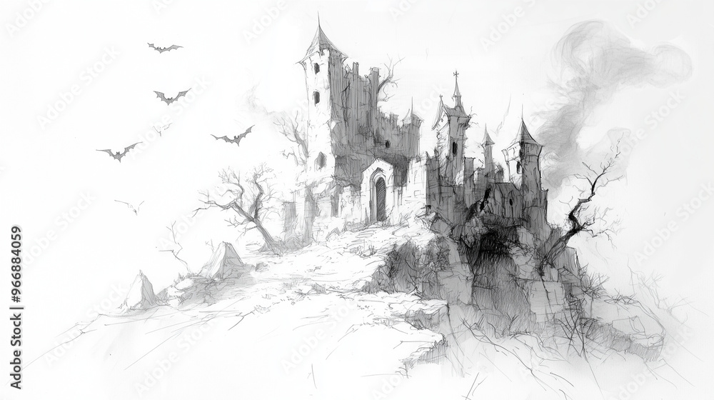Pencil sketch of a spooky Halloween scene2 Pencil sketch of a spooky Halloween scene2