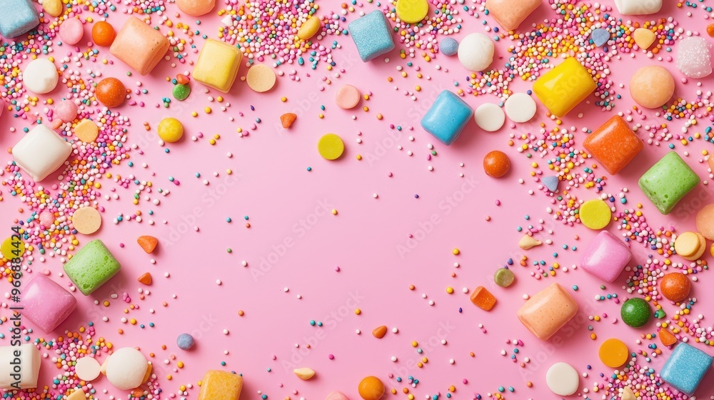 Colorful Candy and Sprinkles on Pink Background Colorful Candy and Sprinkles on Pink Background