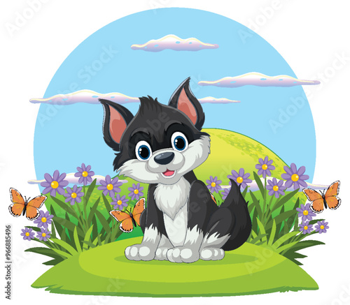 Cute Puppy in Flower Garden