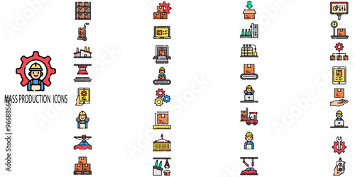 Mass production simple concept 32 colour icons set. Contains such assembly line, efficiency, standardization, automation, conveyor belt, replication, economies of scale etc .Vector illustration.