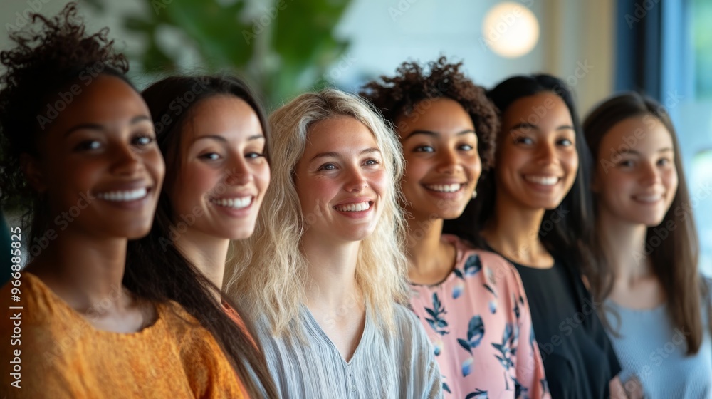 A group of diverse women stands united, showcasing their vibrant styles and joyful expressions in a contemporary, well-lit environment filled with plants A group of diverse women stands united, showcasing their vibrant styles and joyful expressions in a contemporary, well-lit environment filled with plants