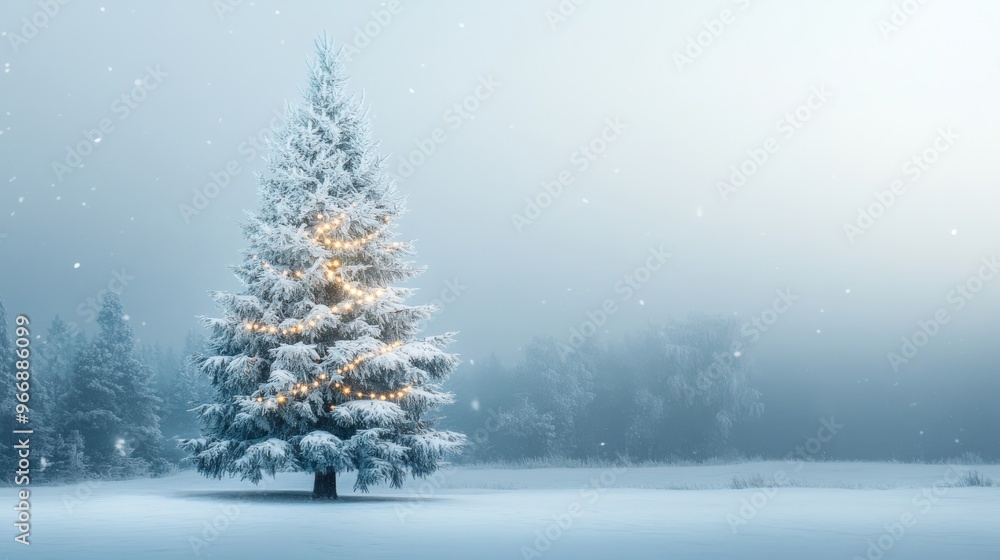 The tall Christmas fir tree, adorned with lights, contrasts beautifully against the snowy landscape as snowflakes gently fall from the grey sky The tall Christmas fir tree, adorned with lights, contrasts beautifully against the snowy landscape as snowflakes gently fall from the grey sky