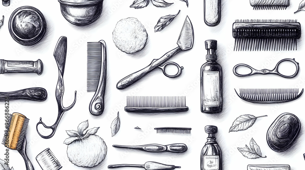 A collection of grooming tools and natural elements arranged artistically. A collection of grooming tools and natural elements arranged artistically.