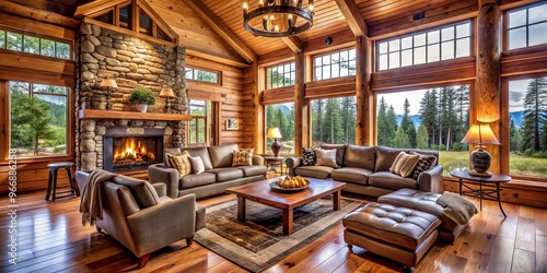 A modern log cabin boasts a cozy atmosphere with warm wood accents, soft natural light, and plush furnishings