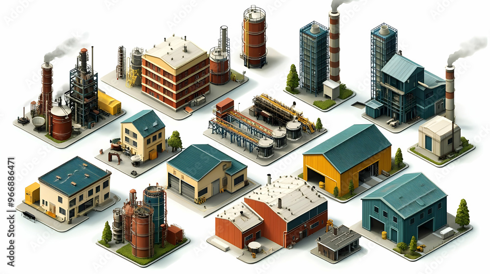 A collection of industrial buildings and factories with smokestacks and storage tanks. A collection of industrial buildings and factories with smokestacks and storage tanks.