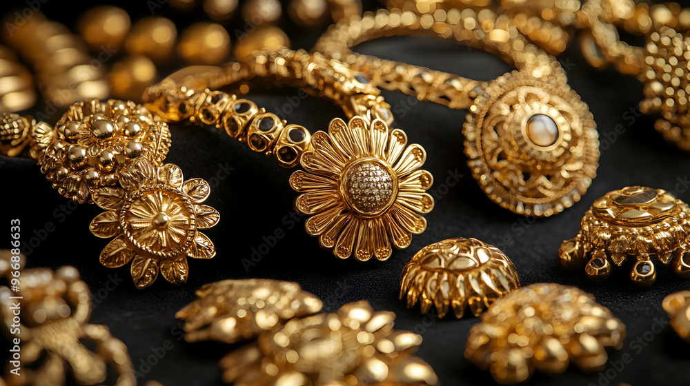A collection of intricate gold jewelry pieces displayed on a dark background. A collection of intricate gold jewelry pieces displayed on a dark background.