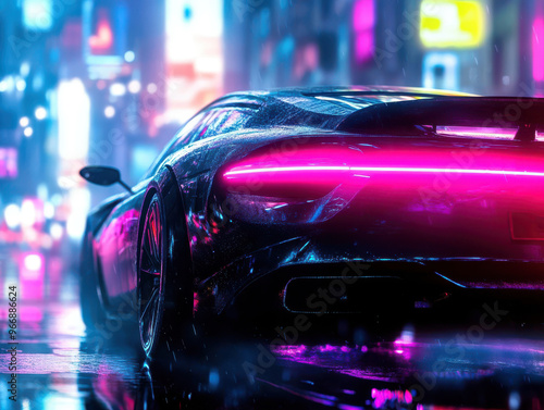 A sleek black sports car with glowing pink taillights drives through neon lit city street, capturing energy and excitement of urban nightlife