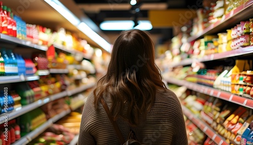 Analyzing Choices: A Womans Perspective in a Supermarket Aisle with Numerous Products and Price Comparison