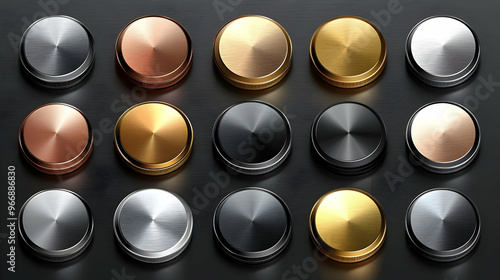 A collection of metallic bu...