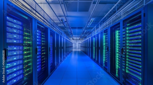 A data center filled with high-tech servers neatly arranged along both sides of a long corridor, illuminated by vibrant blue and green LED lights