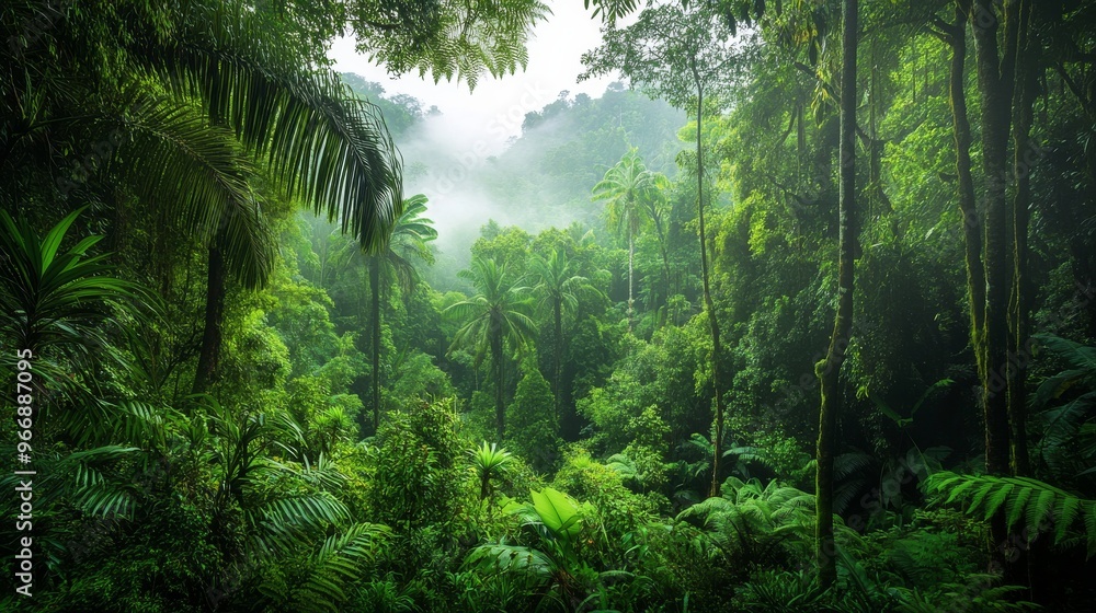 A serene rainforest landscape showcases towering trees and thick foliage, enveloped in a mystical layer of mist. This tranquil setting is captured in the early morning light A serene rainforest landscape showcases towering trees and thick foliage, enveloped in a mystical layer of mist. This tranquil setting is captured in the early morning light