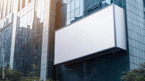 A large, blank billboard mockup is prominently displayed on the exterior of a modern building, inviting creative advertising opportunities in a bustling city atmosphere photo