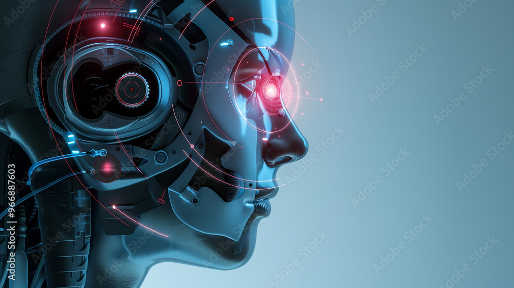 Side profile of a humanoid robot with glowing red eye and intricate mechanical details Side profile of a humanoid robot with glowing red eye and intricate mechanical details
