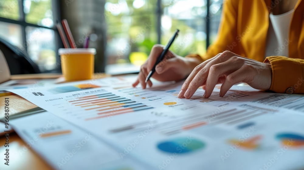 Close-up of hands tapping on a printed brand identity report during a meeting, Brand Identity, Reviewing the startup's brand identity plan Close-up of hands tapping on a printed brand identity report during a meeting, Brand Identity, Reviewing the startup's brand identity plan
