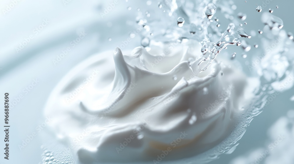 Close-up of a foam cleanser with water droplets splashing, creating a refreshing and lively feel, no branding visible, focus on the product, no people. Close-up of a foam cleanser with water droplets splashing, creating a refreshing and lively feel, no branding visible, focus on the product, no people.