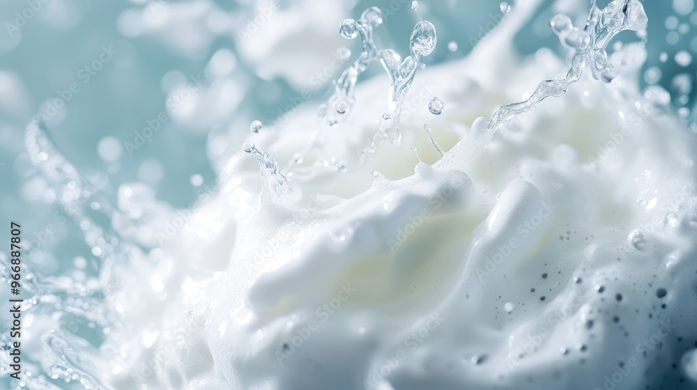 Close-up of a foam cleanser with water splashing, emphasizing hydration and cleanliness, no branding, focused on the product, no people. Close-up of a foam cleanser with water splashing, emphasizing hydration and cleanliness, no branding, focused on the product, no people.