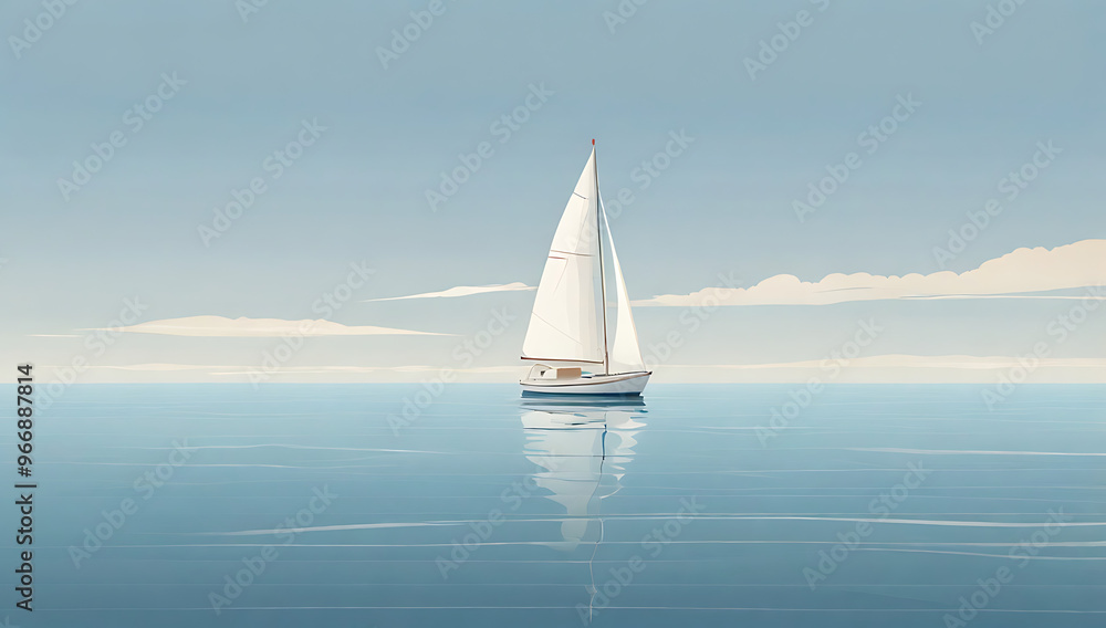 Obraz premium A minimal illustration of a simple sailboat on a calm sea, with a few waves and a clear sky. The sailboat is depicted with basic lines, emphasizing tranquility and simplicity