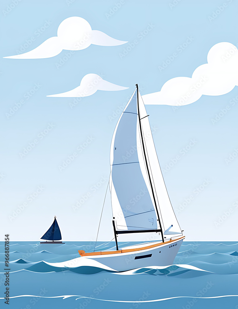 Fototapeta premium A minimal illustration of a simple sailboat on a calm sea, with a few waves and a clear sky. The sailboat is depicted with basic lines, emphasizing tranquility and simplicity