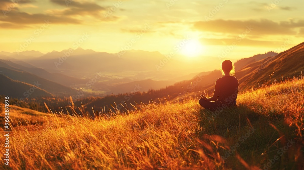 Fototapeta premium A person sits crosslegged on a grassy hill, eyes closed, meditating peacefully as the sun sets over the tranquil valley and distant mountains