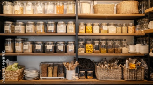 Wallpaper Mural This pantry features shelves meticulously arranged with labeled jars, containers, and baskets, highlighting an efficient organization system for various food items and kitchen essentials Torontodigital.ca