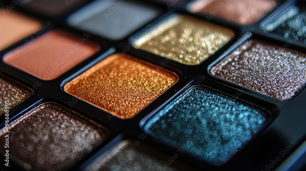 Close-up of a sleek, metallic eyeshadow palette, no logo, focus on the shimmering colors, no people, soft lighting. Close-up of a sleek, metallic eyeshadow palette, no logo, focus on the shimmering colors, no people, soft lighting.