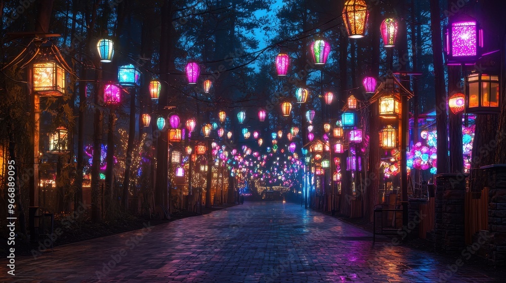Festive Lights and Lanterns in a Night Forest Festive Lights and Lanterns in a Night Forest
