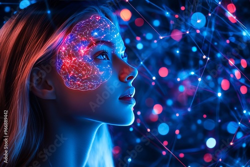 Cognitive architecture synaptic density and synaptic response futuristic female profile with glowing neural visualization symbolizing digital cognition and neural network integration photo