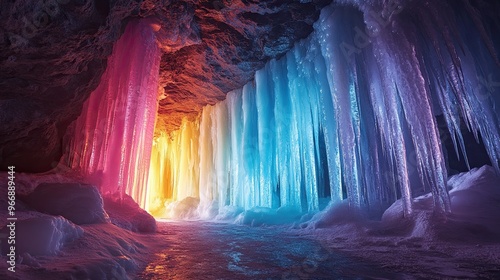 24. A glowing ice cave with walls that shimmer with rainbow light, inhabited by ethereal, ice-bound creatures and surrounded by crystalline formations