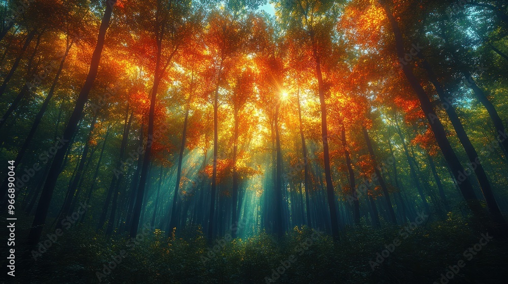 Sunbeams Shining Through Autumn Forest Canopy Sunbeams Shining Through Autumn Forest Canopy