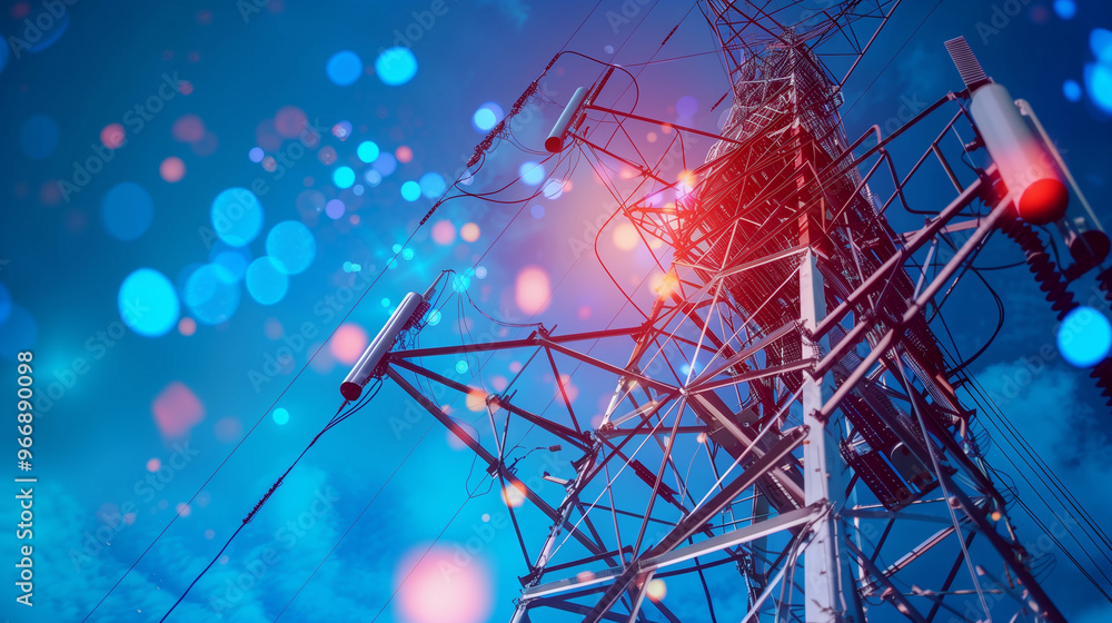 Communication Tower with Digital Overlay and Blue Bokeh Communication Tower with Digital Overlay and Blue Bokeh