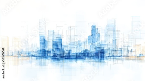 Abstract City Skyline Blue and White Watercolor Illustration