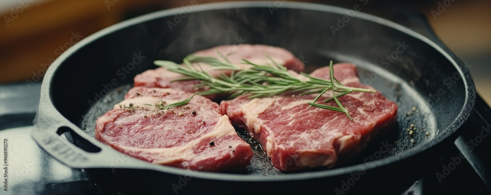 Steaks with rosemary in a hot cast iron skillet, culinary concept Steaks with rosemary in a hot cast iron skillet, culinary concept