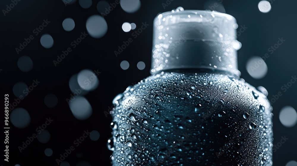 Close-up of foam cleanser bottle with water droplets, emphasizing a clean and fresh appearance, no logos, focal point on bottle, no people. Close-up of foam cleanser bottle with water droplets, emphasizing a clean and fresh appearance, no logos, focal point on bottle, no people.