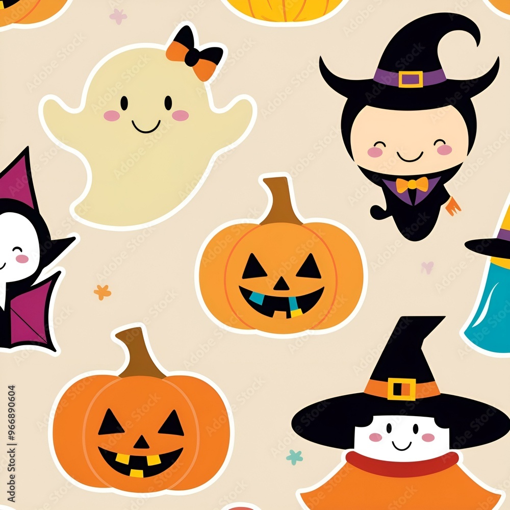 Festive Halloween Gathering of Iconic Characters: Ghost, Pumpkin, Vampire, and Witch Festive Halloween Gathering of Iconic Characters: Ghost, Pumpkin, Vampire, and Witch