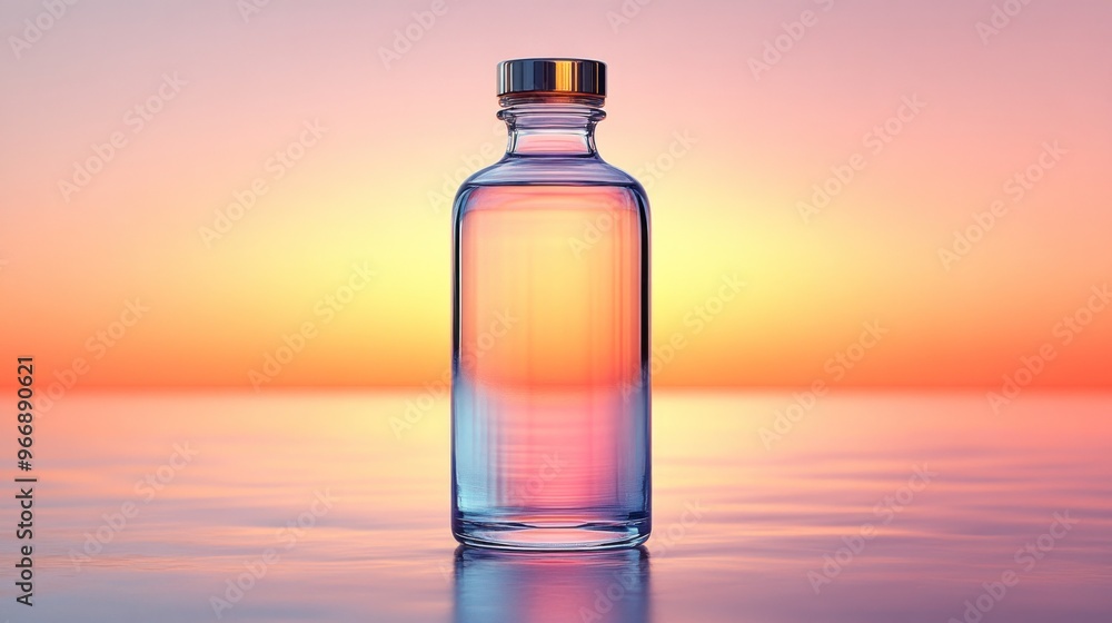 A clear bottle of water reflecting a colorful sunset. A clear bottle of water reflecting a colorful sunset.