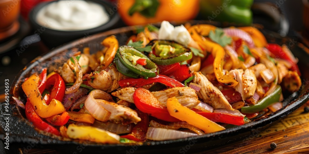 Chicken fajitas featuring peppers and onions, garnished with a spicy red pepper, accompanied by sour cream and sauce on the side. Detailed close-up shot. Chicken fajitas featuring peppers and onions, garnished with a spicy red pepper, accompanied by sour cream and sauce on the side. Detailed close-up shot.