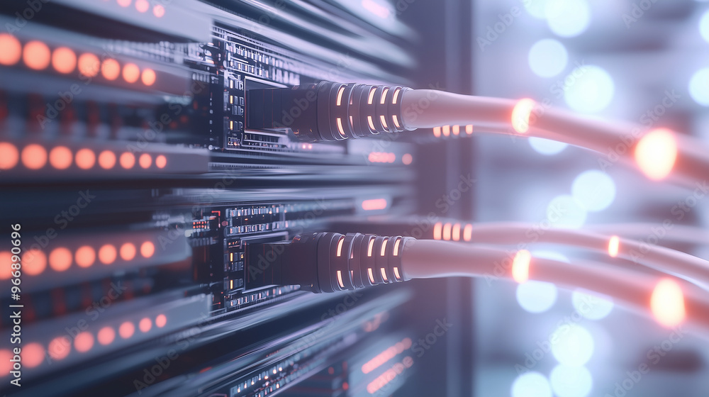 A detailed view of a network switch with bright, luminous cables and a computer server in the background, emphasizing the connectivity and high-tech environment. photo A detailed view of a network switch with bright, luminous cables and a computer server in the background, emphasizing the connectivity and high-tech environment. photo