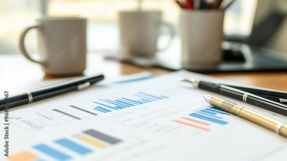 Close-up of a traditional brand strategy document on a desk with pens and coffee mugs, Brand Planning, Detailed preparation for brand development Close-up of a traditional brand strategy document on a desk with pens and coffee mugs, Brand Planning, Detailed preparation for brand development
