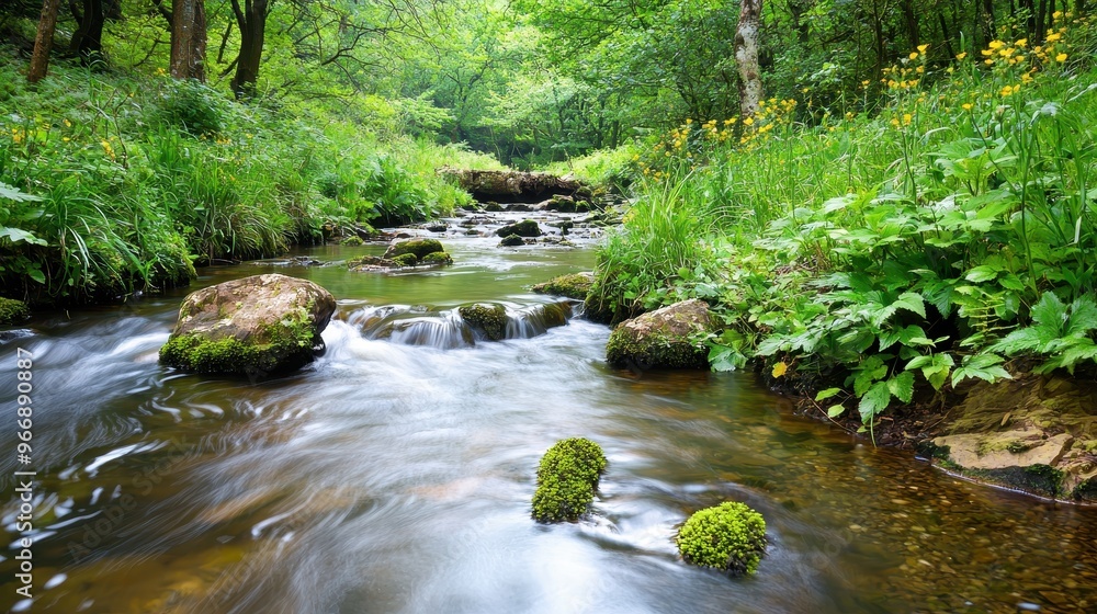 Serene Stream Flowing Through Lush Green Forest Serene Stream Flowing Through Lush Green Forest