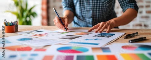 Brand strategist presenting a creative rebranding plan with printed examples and diagrams, Rebranding, Transforming a brand through strategic planning