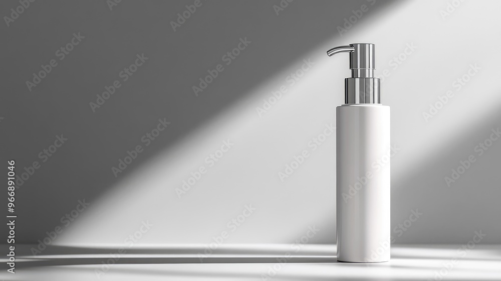 Cosmetic bottle with a pump dispenser, capturing the shine and elegance, no branding visible, focal point on the bottle, no people. Cosmetic bottle with a pump dispenser, capturing the shine and elegance, no branding visible, focal point on the bottle, no people.