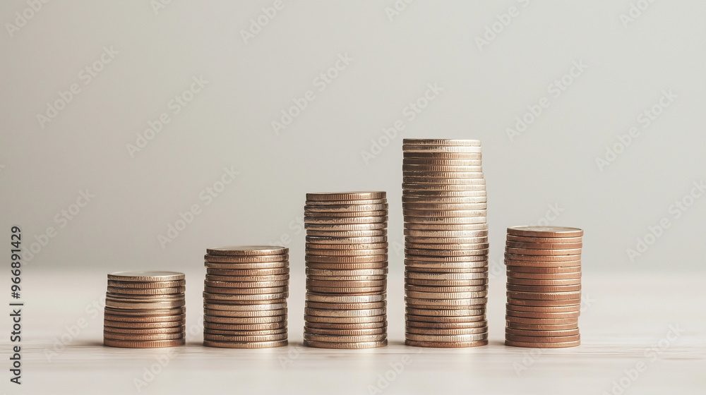 Stacks of coins gradually increasing in height, arranged neatly from smallest to largest, on a clean, neutral background. photo Stacks of coins gradually increasing in height, arranged neatly from smallest to largest, on a clean, neutral background. photo