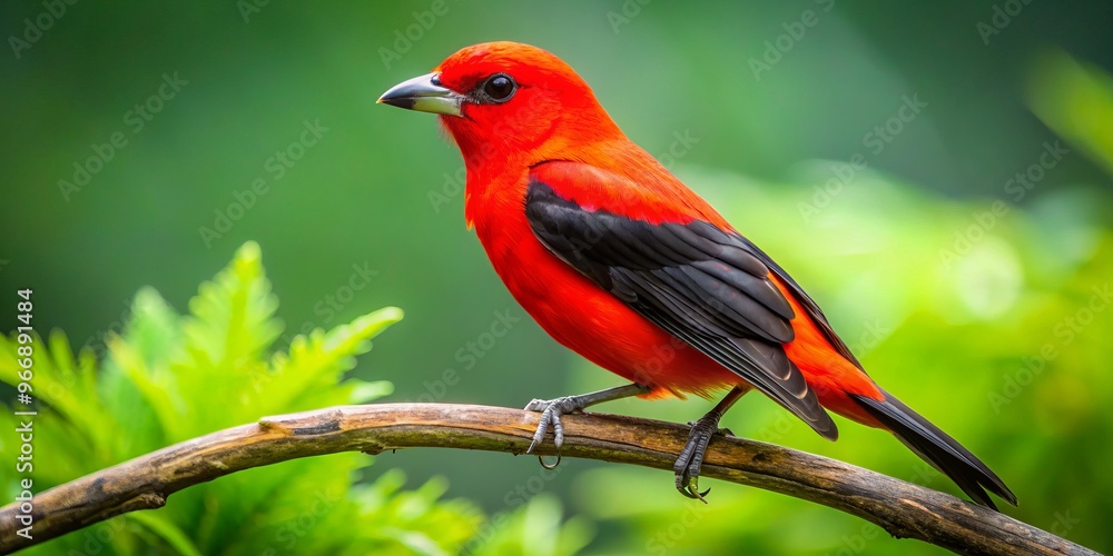 Fototapeta premium A scarlet tanager, its fiery feathers glistening in the sun, sat regally on a branch heavy with leafy